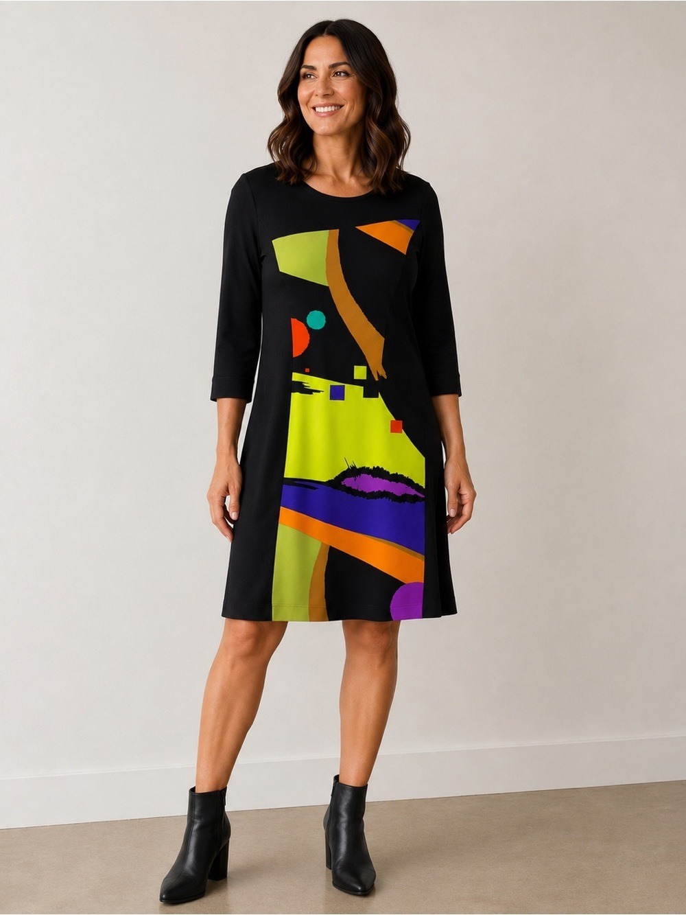 Eva Varro Abstract Art Print Dress M Black USA Travel Stretch 3/4 Sleeve
